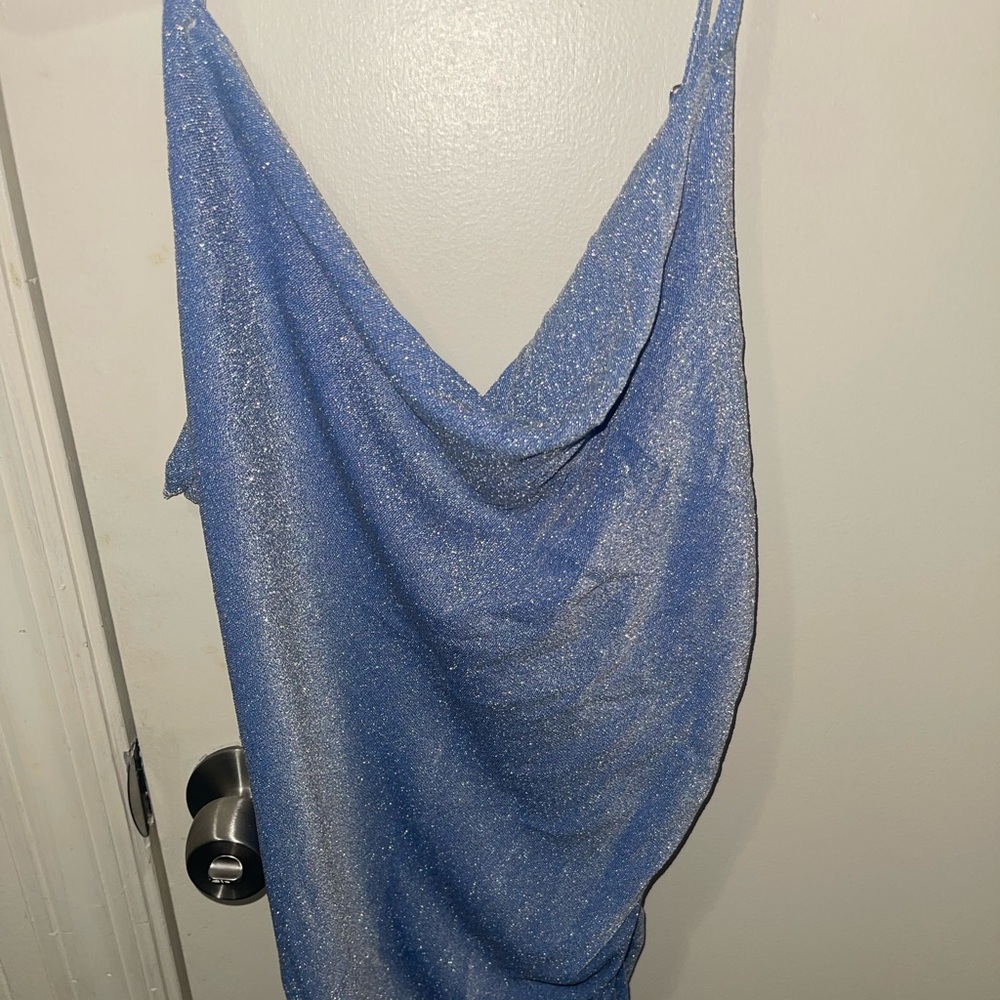 Iridescent blue maxi dress small slit on the bottom of the dress knee length